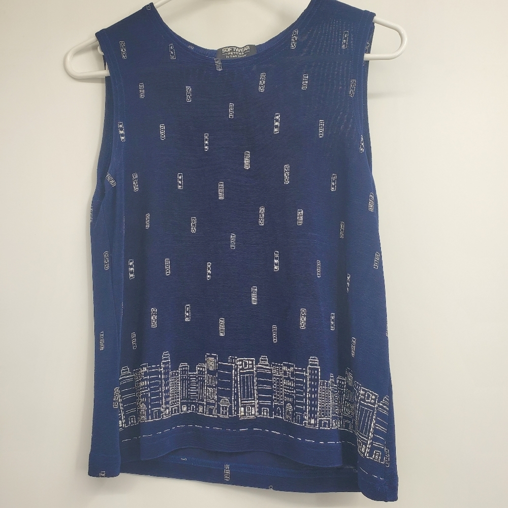 Softwear Petites by Mark Singer Blouse Sleeveless Buildings Blue Casual Small
